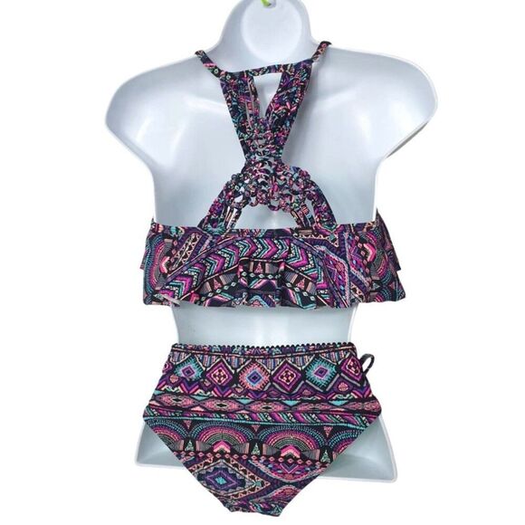 Womens Bikini S/M Aztec Print Ruffled Strappy Back High Waist Bottoms Two-Piece - Picture 2 of 3
